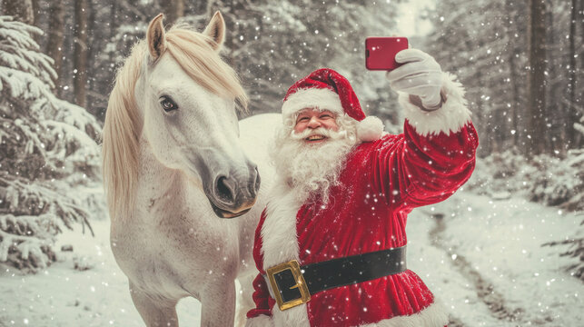Santa Claus toma una selfie con su m&oacute;vil junto a un unicornio