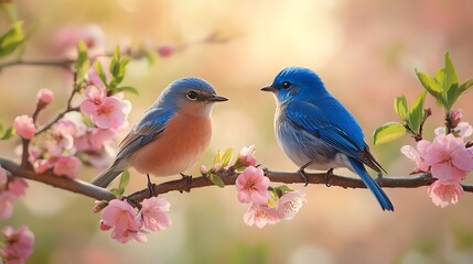 Fototapeta premium Charming birds perched together on floral branch nature image
