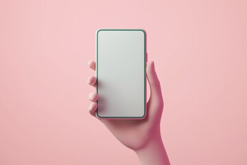 Minimalist 3d render of hand holding modern smartphone. Empty screen provides blank space for mockup design. Hand holds phone in casual manner. Pastel pink background creates simple aesthetic. Scene