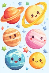 A collection of colorful cartoon planets with smiling faces, perfect for educational materials or children's media