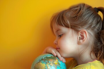 A young child holding a small globe, suitable for educational or cultural purposes