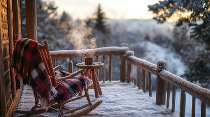  Rocking chair with a plaid blanket and steaming mug on a snowy porch, exuding comfort and relaxation in nature.