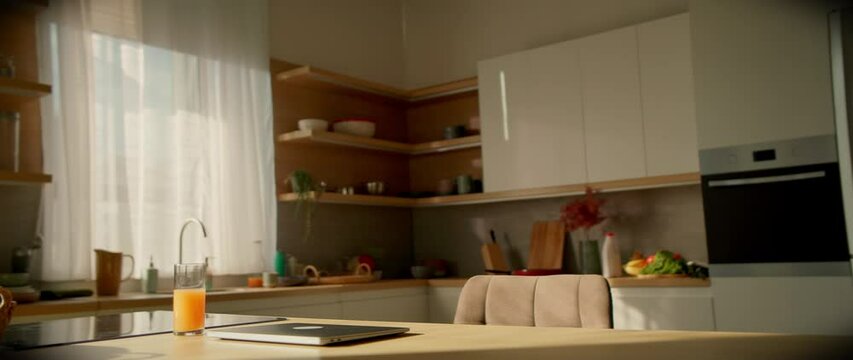 Interior of modern spacious kitchen. 360 degree rotation view of cozy area of luxury house. Real estate concept. Footage of dining table with laptop. Indoors. Parallax effect. 360 degree shot
