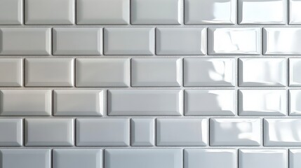 Fototapeta premium Grid of sleek subway tiles in glossy white, perfectly aligned with crisp grout lines, offering a clean, minimalist aesthetic for modern interiors.