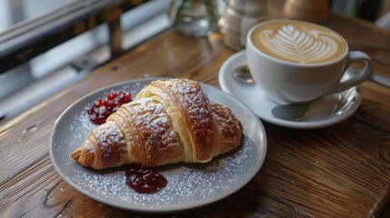 Buttery croissant with boysenberry preserves and a latte