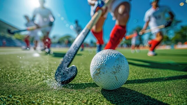 Players on a grassy field, sticks and balls in action