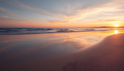 Scenic view of the glassy smooth shore of a deserted beach during the magic hour of sunset isolated with white highlights, png