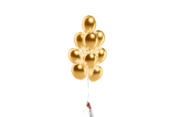 Hand holding blank gold round balloon bouquet mockup, isolated