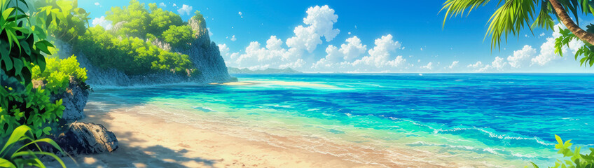 Obraz premium Stunning anime beach with vibrant water and lush greenery under a clear sky. Generative AI