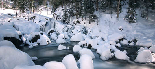 winter scenery, awesome sunset landscape, waterfall Kamjanka, Skole, Lviv region, Carpathian  mountains, Ukraine, Europe