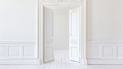A simple white door with no lock or handle, situated in a clean and minimalist white room