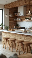 A beautifully styled modern kitchen interior featuring wooden elements, minimalist design, and cozy lighting that creates a warm and inviting atmosphere for culinary activities and gatherings.