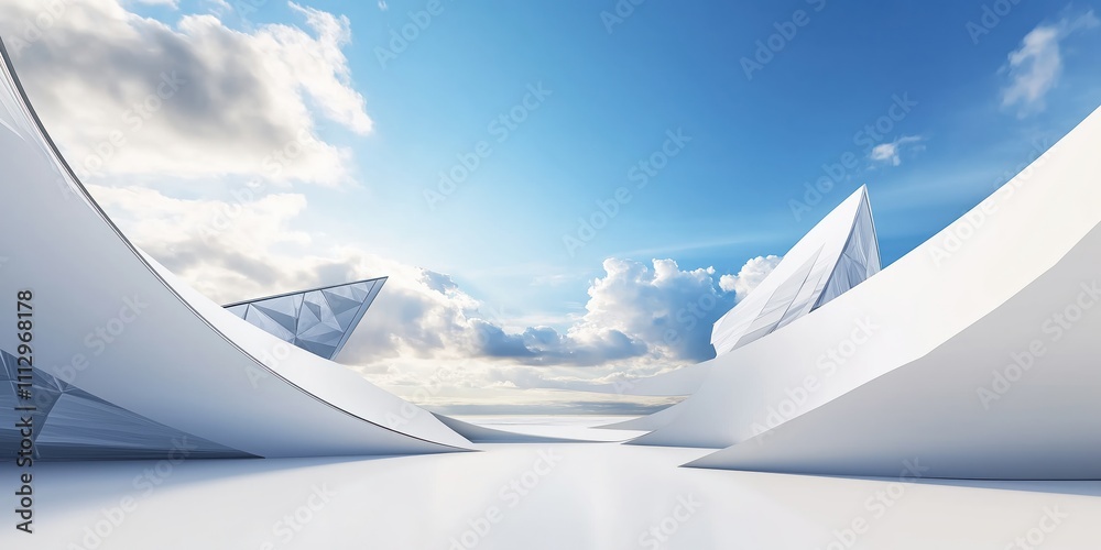 Poster Surreal minimalist architecture scene. Geometric shapes create futuristic landmark. White structures stand against blue sky with clouds. Empty space for product display. Fantastic design. Modern