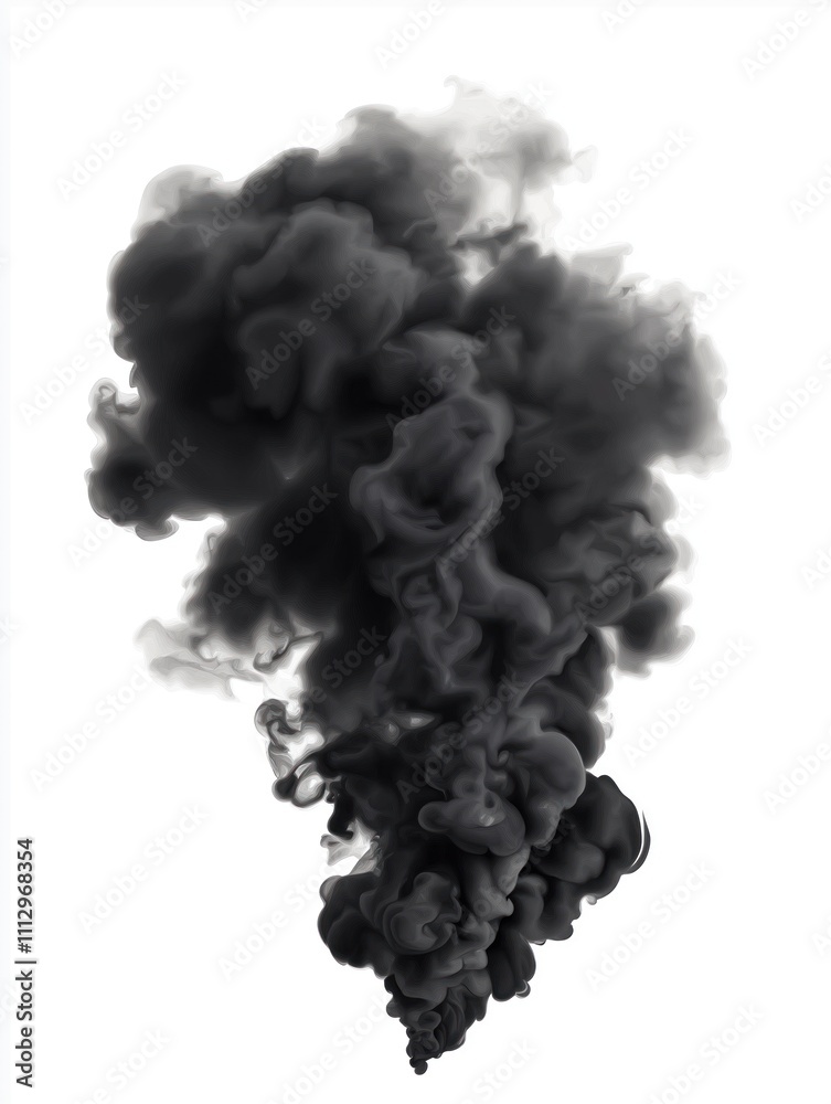 Poster dark black smoke cloud isolated against white background. abstract design of ink in water. dense smo
