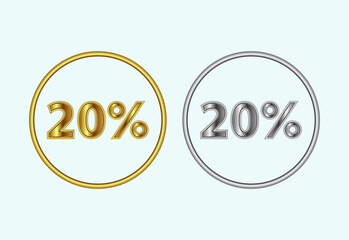 20 percent icon, 20 percent sign symbol in gold and silver color