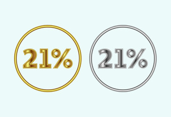 21 percent icon, 21 percent sign symbol in gold and silver color