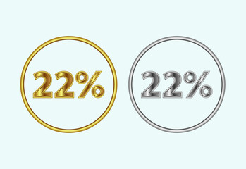 22 percent icon, 22 percent sign symbol in gold and silver color