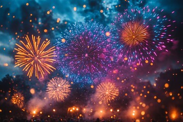 Fototapeta premium Colorful fireworks: Take photos of people enjoying fireworks at a festive event. Turn on the bright flashes of fireworks against the background of the night to emphasize the atmosphere of the holiday.