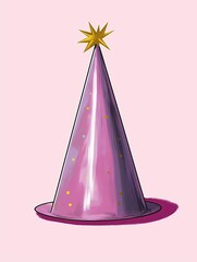 Fototapeta premium Isolated party hat in vibrant purple. Shiny surface, golden star at top. Festive, celebratory. Perfect for birthday, celebration, special occasion. Simple graphic design, ideal for party supplies