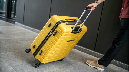Man rolling yellow suitcase on four wheels, modern design with corrugated surface and retractable handle. Waiting for travel. Dark background.