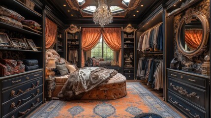 Fototapeta premium Luxurious and ornate walk-in closet featuring elegant drapery, cozy seating, lavish decor, and an array of meticulously organized clothing and accessories.