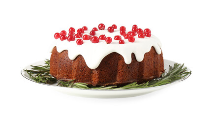 Tasty Christmas cake with red currants and rosemary isolated on white