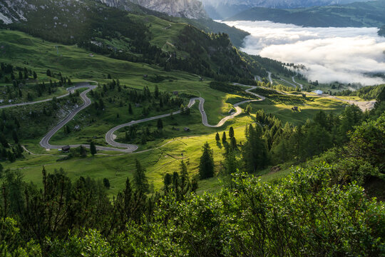 The WInding Roads of Passo Gardena at Sunrise