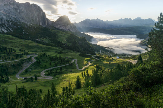 Surnise over the WInding Roads of Passo Gardena