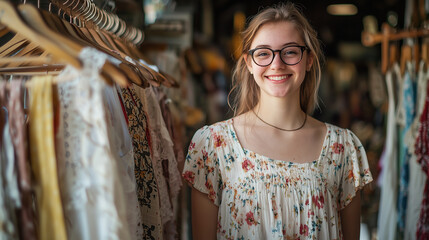 In a quaint vintage boutique, a young woman with glasses is holding up a floral print dress,...