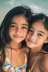 Fototapeta premium Young girls embracing on a sunny beach