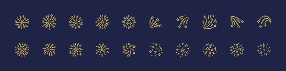 Set of holiday golden hand drawn doodle firework and confetti icons. Luxury gold festive elements. Happy Birthday, New Year, Christmas, Diwali design elements. Sparkle, bling, twinkle, scribble