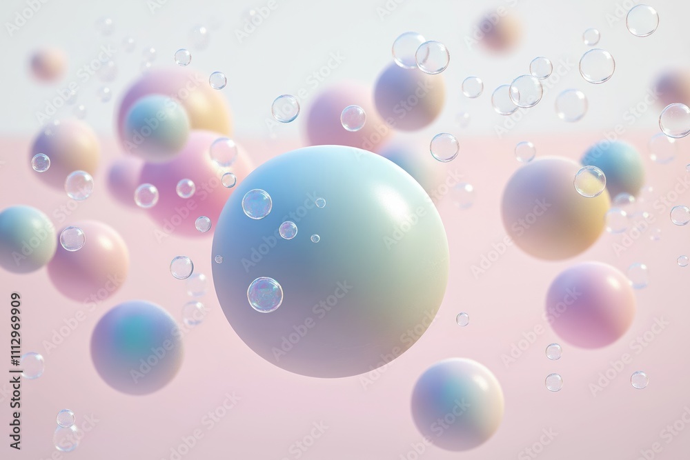 Poster pastel colored balls, soap bubbles float in air on pastel background. abstract 3d render. soft color