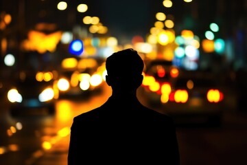A person standing alone in the middle of a city street under the stars