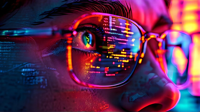 Computer code reflection on programmer eye glasses Cyber Information Digital Data Software Hacker Encryption Electronic Security Technology