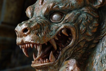 A detailed view of a stone or metal lion statue, often used as a decorative piece or symbol