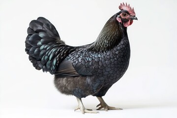 Fototapeta premium A black chicken with a bright pink comb stands on a clean white surface, ready for inspection