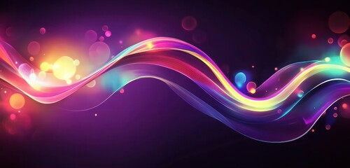 Colorful neon sound wave flowing across a dark purple background, with soft glowing lights and high-contrast gradients.