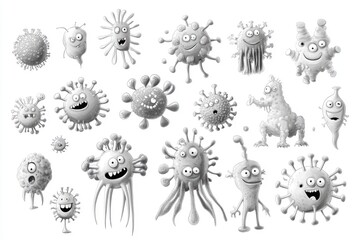 Microscopic cartoon germs on a clean white background, ideal for health or science illustrations