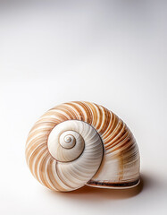 Neutral colored snail or sea shells are placed on a plain white background