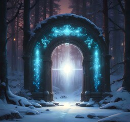 Fototapeta premium Illustration of unreal landscape with ancient glowing portal in winter forest.