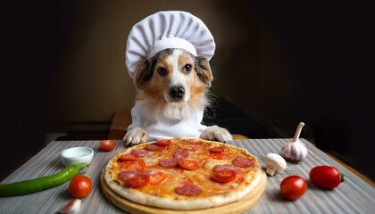 Un chien déguisé en chef cuisinier portant une toque blanche et préparant une pizza