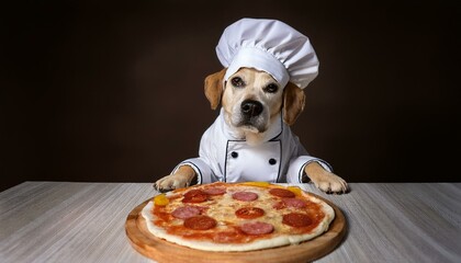 Un chien déguisé en chef cuisinier portant une toque blanche et préparant une pizza