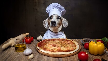 Un chien déguisé en chef cuisinier portant une toque blanche et préparant une pizza