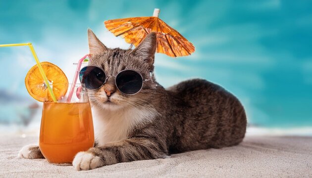 Un chat avec des lunettes de soleil, sirotant un cocktail sur une plage ensoleill&eacute;e.
