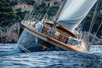 Obraz premium A sailboat with a white sail floating on calm waters, great for use in travel or outdoor adventure scenes