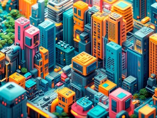 Obraz premium A vibrant, colorful cityscape with diverse architecture displayed from an aerial viewpoint Each building is detailed and showcases unique designs, creating a sense of organized chaos