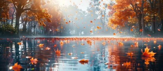 Stunning autumn landscape with vibrant fall foliage and its reflection in a serene tranquil pond surrounded by a lush forest in a peaceful natural setting
