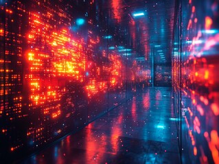 Fototapeta premium A futuristic scene, reminiscent of Matrix, with a long corridor illuminated by ceiling lights and filled with rows of red and orange data on screens The perspective invites exploration of the unknow