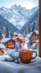 Beautiful winter tea mug framed elegantly with a snowy mountain village backdrop picture