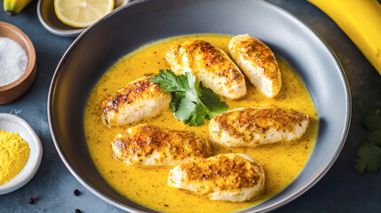 Unique culinary fusion blending bananas and chicken in a savory curry sauce, perfect for adventurous home cooks seeking new flavors